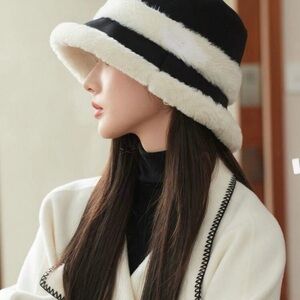 Stylish Black and White Faux Fur Bucket Hat